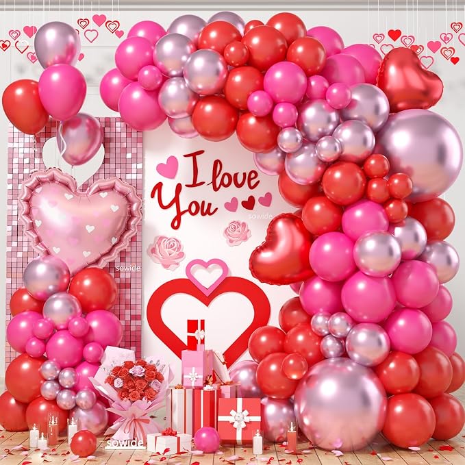 Valentines Day Balloons Arch Kit, Hot Pink Red Metallic Pink Blloons by Sowide