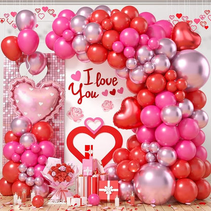 Valentines Day Balloons Arch Kit, Hot Pink Red Metallic Pink Blloons by Sowide
