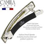Camila Paris CP3447 French Hair Barrette Clip for Girls Green Flower, Rubberized Metal Clasp Strong Hold Grip Hair Clips for Women, No Slip Durable and Styling Girls Hair Accessories, Made in France