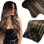 Moresoo Black to Brown Ombre Clip in Hair Extensions Real Human Hair Black to Dark Brown with Dark Golden Blonde Human Hair Clip in Extensions 16inch 135g/7pcs