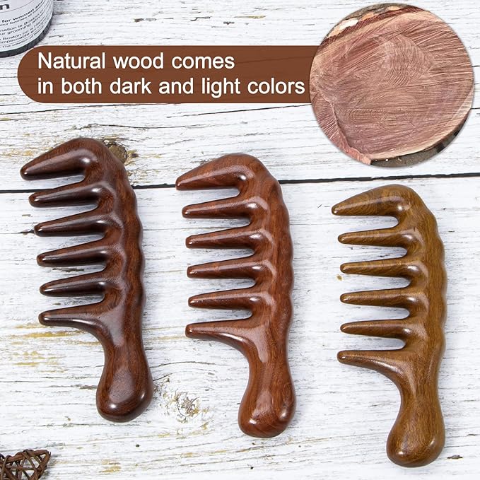 Hair Comb Wooden Wide Tooth Combs for Curly, Natural Golden Sandalwood Thicken Hair Comb for Head Scalp Massager, Detangles Wet or Dry Curly, Thick, Wavy, Anti-static