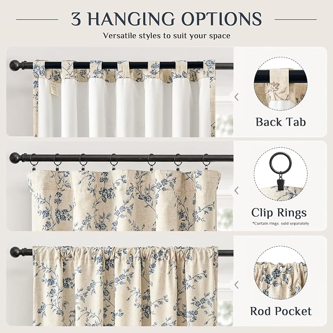 Blackout Vintage Floral Linen Curtains Blue on Beige 50×84 2 Panels | Elisa - Image 8