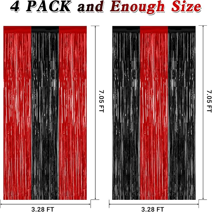 ZATAYE 4 Pack Black Red Halloween Foil Curtain Streamer Decorations | Black Red - Image 2