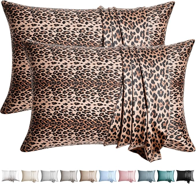 WLOSJ100% Silk Pillow Cases 2 Pack Queen Size Mulberry Silk Pillowcase for Hair and Skin Set of 2 Highest Grade 6A Silk Soft Breathable Cooling with Hidden Zipper, Leopard