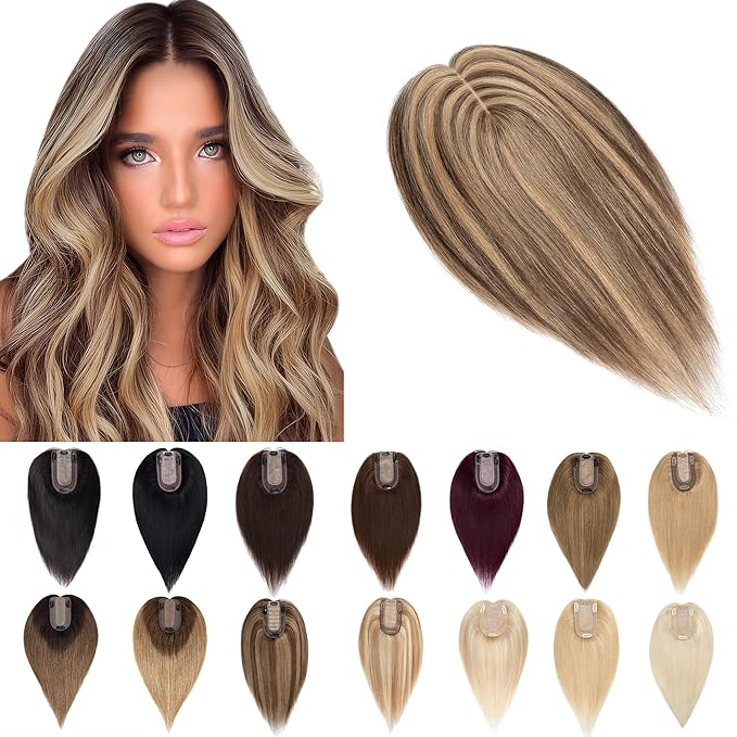 SEGO Human Hair Toppers for Women With Thinning Hair, 7 * 13CM Silk Base 100% Real Human Hair Clip in Top Wiglet Hairpieces //12 Inch No Bangs Medium Brown&Dark Blonde