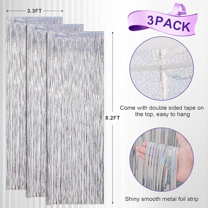 Voircoloria Laser Silver Foil Fringe Backdrop Curtains, 3 Pack | Tinsel - Image 3