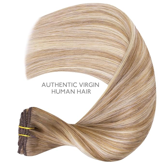 WENNALIFE Clip in Hair Extensions, 150g 14 Inch 9pcs Balayage Dirty Blonde with Platinum Ends Remy Hair Thicker Double Weft Extensiones De Cabello Humano Con Clip Ins Straight Full Volume