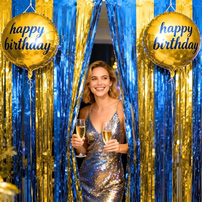 jijAcraft Blue Gold Tinsel Foil Fringe Curtain, 3 Pack 3.2x6.5 Feet Graduation - Image 6