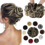 Messy Bun Hair Piece Wavy Curly Scrunchies Fluffy Donut Thick Updo Elegant Chignon Hairpieces for Women Girls, Dark Brown Mix Ash Blonde 1.4oz