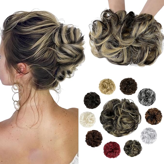 Messy Bun Hair Piece Wavy Curly Scrunchies Fluffy Donut Thick Updo Elegant Chignon Hairpieces for Women Girls, Dark Brown Mix Ash Blonde 1.4oz