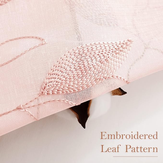 HOMEIDEAS Blush Pink Sheer Curtains W52 x L96, Embroidered Vine Leaf | 2 Panels - Image 2