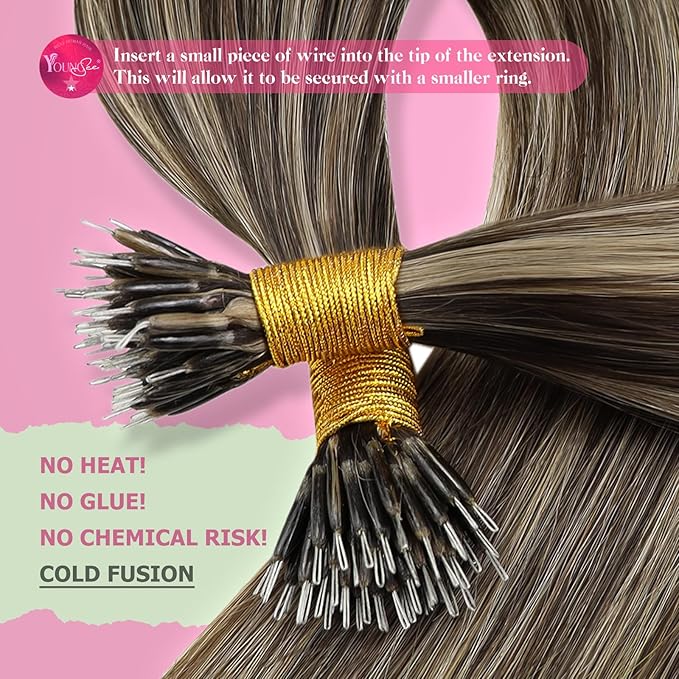 YoungSee Nano Hair Extensions Real Human Hair Brown Highlight Nano Bead Human Hair Extensions Dark Brown Highlights Caramel Blonde Nano Ring Hair Extension Straight Cold Fusion 18inch 50s 50g