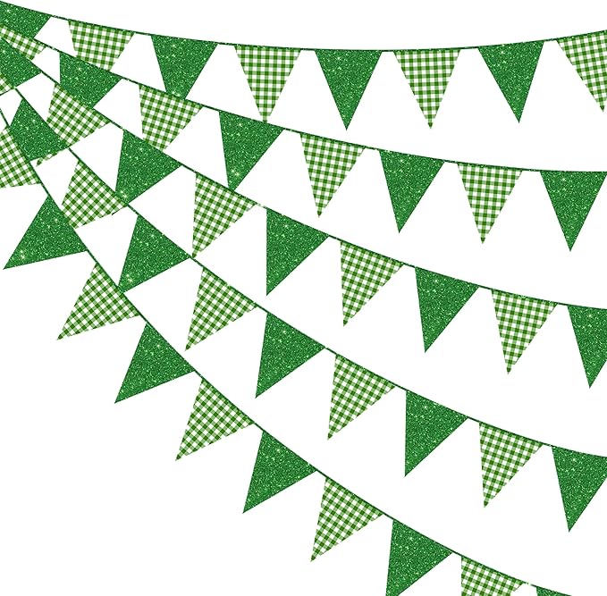 Glitter Green Party Pennant Banner Flag Green Buffalo Plaid Hanging Paper by pinkblume