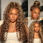 Hidden Strap Deep Wave 360 Lace Front Wigs Human Hair Highlight Ombre full lace Deep Curly Honey Blonde 4/27 Human Hair Wig with invisible drawstring Ombre 360 Glueless Wigs Human Hair 30 Inch