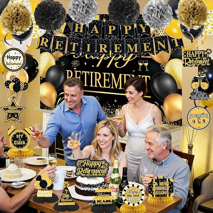 Retirement Party Decorations for Men Women Black Gold Happy Retirement Banner - Image 5
