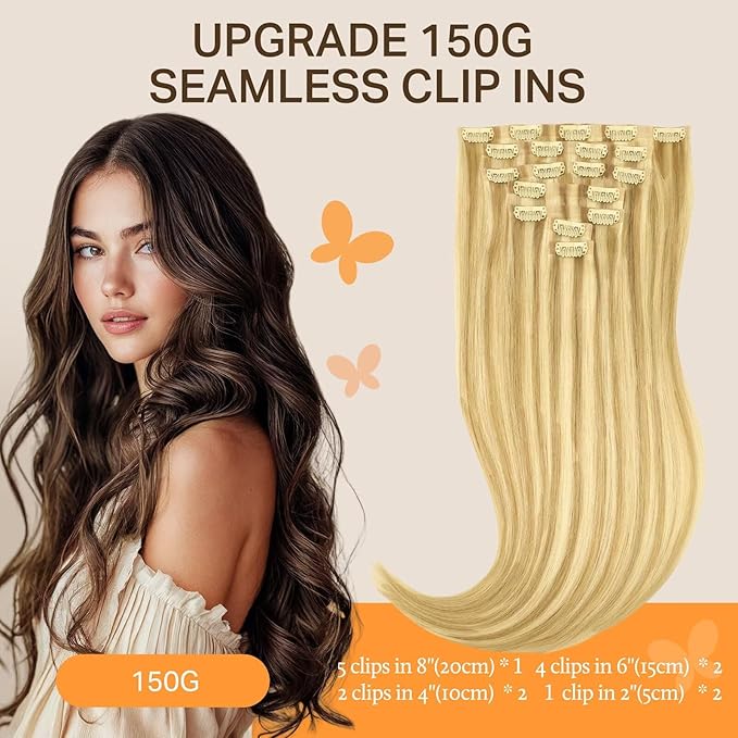 DOORES Human Hair Extensions Clip in, DirtyBlonde Highlight Golden Blonde 9pcs 14 Inch 130g, Seamless Remy Straight Hair With Invisible Edge