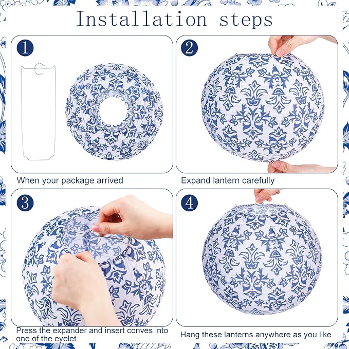 12 Pcs Chinoiserie Party Decor Blue White Porcelain Paper Lantern | 10" - Image 4