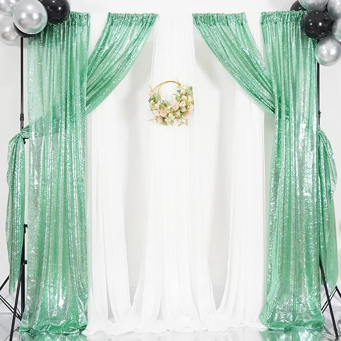 Poise3EHome Mint Green Sequin Backdrop Curtain, 4 Panels 2FTx8FT Glitter - Image 4