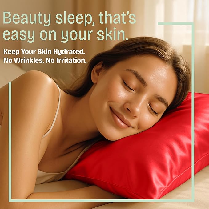 BLISSFORD Satin Pillowcase with Zipper, for Hair and Skin Care, Feels Soft and Cool Like a Silk Pillowcase, Red Satin Pillow Cases Set of 2, Slik Pillow Cover, Standard Size - 2 Pack