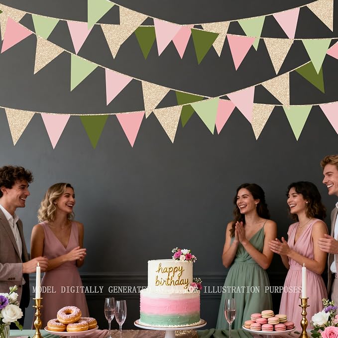 Sage Green Dusty Rose Pink Champagne Gold Pennant Banner Flag Hanging Glitter - Image 7