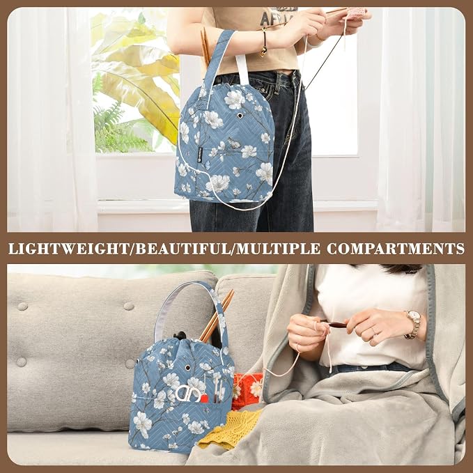 Blue Floral Butterfly Yarn Bag Small Crochet Bag Drawstring Yarn Storage - Image 5