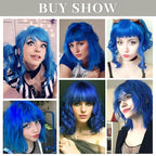 FAELBATY Bright Blue Short Wavy Wig Short Dark Blue Wigs With Air Bangs Shoulder Length Wig For Women Curly Wavy Synthetic Wig Halloween Cosplay Wig for Girls Costume Wigs (12" Bright Blue)