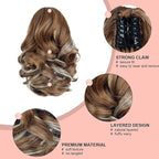 Ponytail Extension, Clip on Ponytails for Women, 9" Claw Clip in Short Curly Wavy Pony Hair Extension for Women - Medium Brown with Blonde Highlights