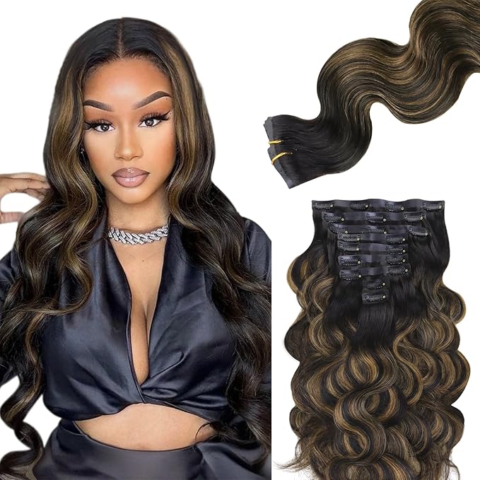 Lashey Seamless Clip in Hair Extensions Human Hair 150g 9pcs 20 Inch Body Wave Natural Black Mixed Chestnut Brown Clip in Hair Extensions for Women