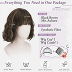 BARSDAR Short Wavy Wig with Bangs - Short Wavy Brown Blonde Highlights Wig for Women - Fluffy Soft Synthetic Curly Textured French Bob Wigs with Bangs Natural Looking Face-Framing Daily