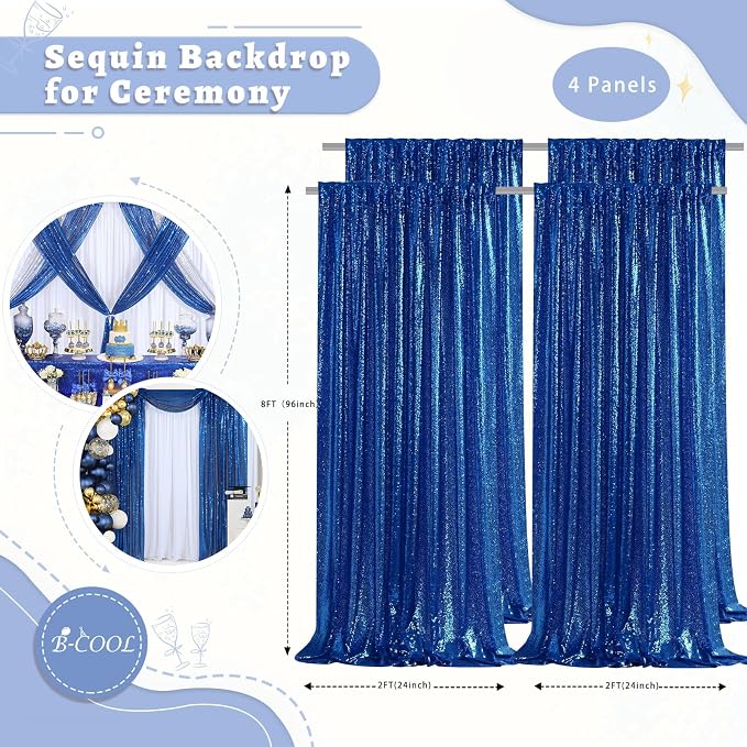 Royal Blue Sequin Backdrop Curtains 4 Pcs 2ftx8ft Glitter Shimmer Fabric | - Image 4