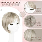 LEEONS Hair Topper for Women - Short Bob with Bangs & Side Part - Synthetic Wig Topper for Thinning Hair - Short Straight Bob - Ivory Blonde