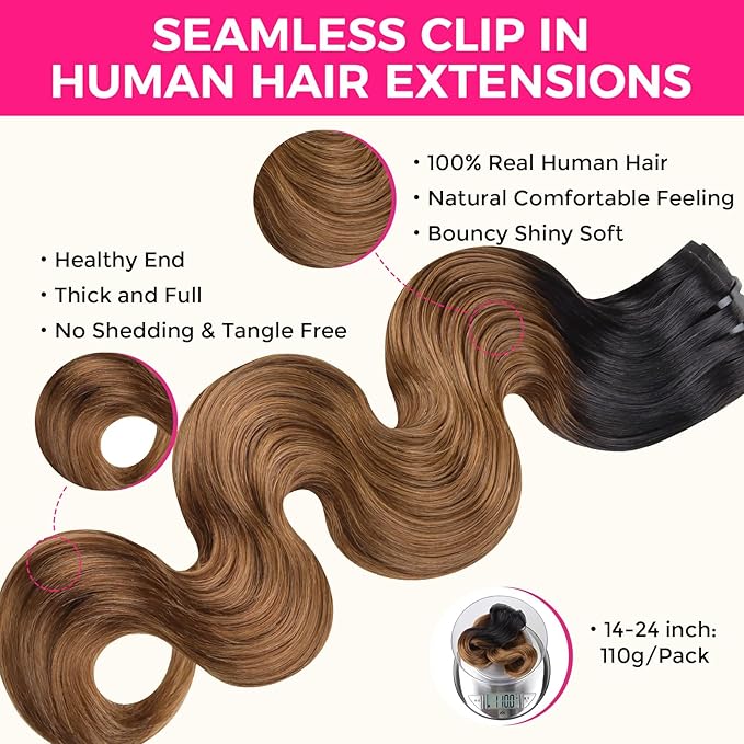 Lashey Clip in Hair Extensions Ombre Natural Black to Medium Auburn Seamless Clip in Hair Extensions Human Hair 110g 7pcs 14 Inch Body Wave Remy Human Hair Extension for Black Women