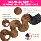 Lashey Seamless Clip in Hair Extensions Human Hair 110g 7pcs Body Wave Ombre Natural Black to Medium Auburn Real Human Hair Hair Extensions 24 Inch