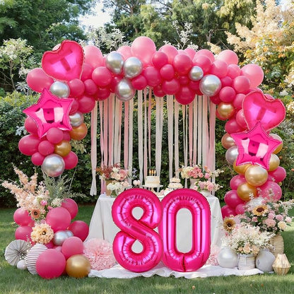 40 Inch Number Balloon Hot Pink 80 Set Pink Theme 80th Birthday Decor 10Pcs | - Image 4
