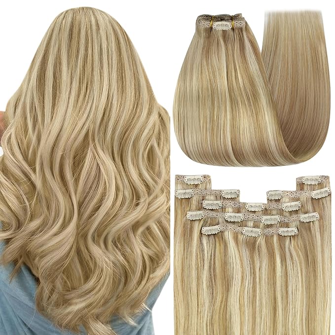 YoungSee Blonde Clip in Hair Extensions Honey Blonde Highlights Human Hair Clip in Extensions Strawberry Blond Clips in Human Hair Extensions for Woman 12inch 85g