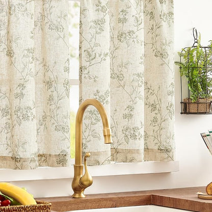 Green on Beige Linen Kitchen Curtains Rod Pocket 26W X 36L 2 Panels | Elisa - Image 7
