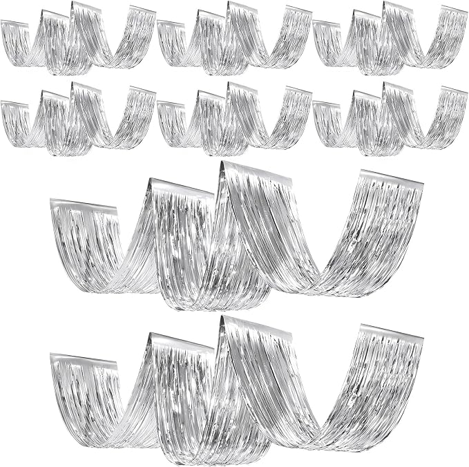 8 Pcs 15ft Silver Metallic Foil Ceiling Fringe Curtains, Party Decor Fringe by Breling
