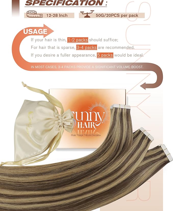 Sunny Hair Tape in Hair Extensions Real Human Hair Invisible Remy Hair Extensions Tape ins for Women Dark Brown Highlight Caramel Blonde 24 inch 20Pcs 50G