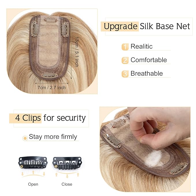 SEGO Human Hair Toppers for Women With Thinning Hair, 7 * 13CM Silk Base 100% Real Human Hair Clip in Top Wiglet Hairpieces -12 Inch No Bangs Golden Brown&Bleach Blonde