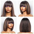 Bob Wig Human Hair with Bangs Glueless 2.5x1 HD Lace Colsure Wigs Human, Bob Wig with Brown Highlights, Wear to Go Short Wigs For Women Beginner Friendly 10 Inch
