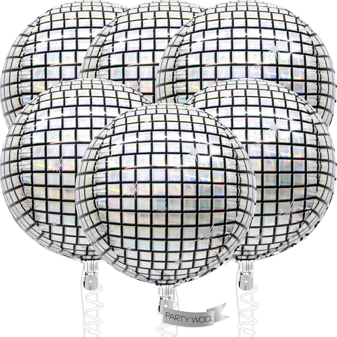 PartyWoo Silver Disco Ball Large Giant 4D Jumbo Foil Balloons 6pcs 32 Inch | 32 by PartyWoo