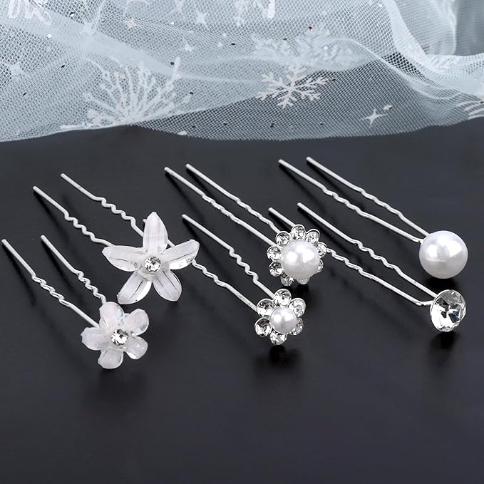 CUBACO 42 PCS Flower Wedding Hair Pins for Women Bridal Crystal Hair Jewelry Bobby Pins Rhinestone Pearl Hair Accessories Silver U Shaped Hair Pins Decorative for Brides Bridesmaids Girls