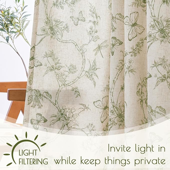 Green Floral Linen Lined Curtains Rod Pocket 50W X 63L 2 Panels | Charlotte - Image 4