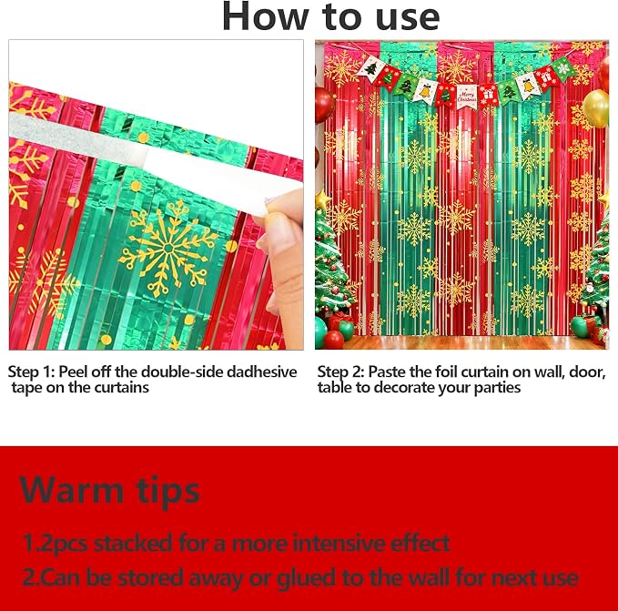 2 Packs Christmas Foil Fringe Curtain, Glitter Red Green Snowflake Metallic - Image 8