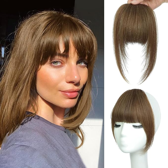 NAYOO Bangs Hair Clip - Light Brown Fake Bangs 100% Real Human Hair Extensions French Bangs for Women Fringe with Temples Hairpieces Curved Bangs for Daily Wear(Light Brown, French Bangs)
