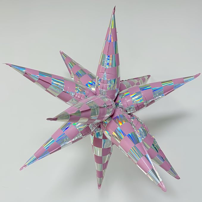 2 * 12Pcs Pink Silver Holographic Explosion Star Foil Balloons/Iridescent - Image 2