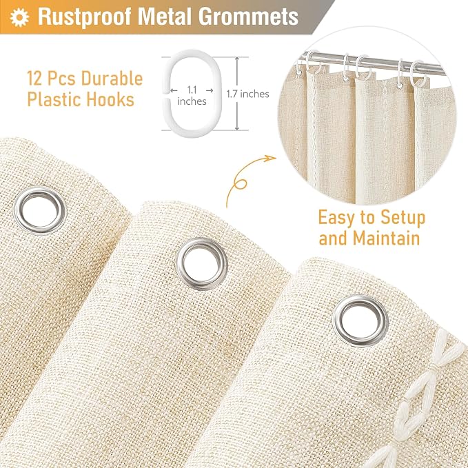 Cream Boho Farmhouse Linen Heavy Duty Shower Curtain Set, Water Repellent - Image 5
