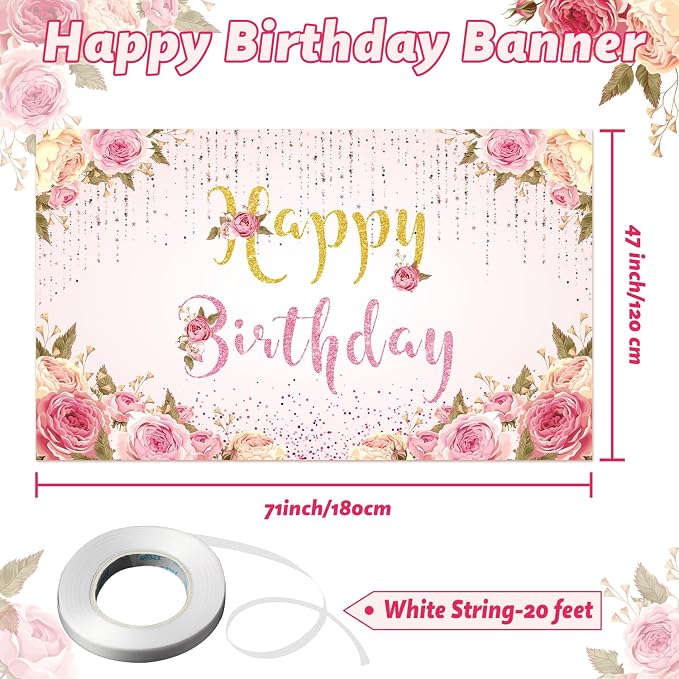 Happy Birthday Banner Pink Birthday Party Backdrop - Image 2