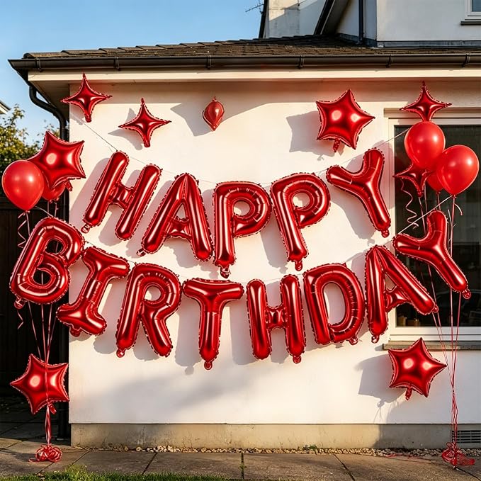 Red Happy Birthday Balloons Banner 16 Inch Mylar Foil Letters, 10 Inch Five & - Image 5