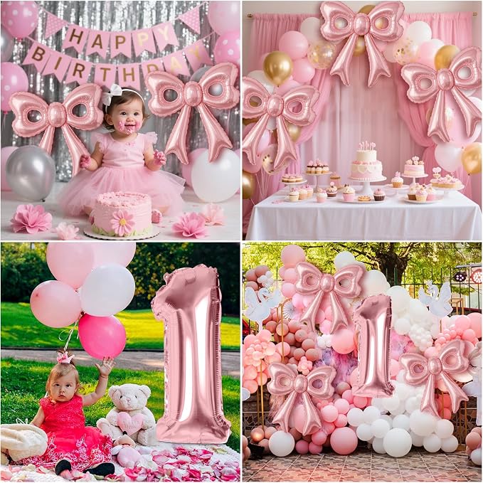 Pink Bow Happy Birthday Balloons, 40” Aluminum Foil Number 1 Balloon - Image 4